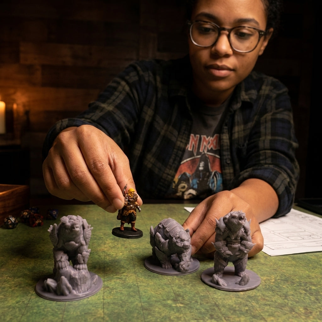 Woman holding a painted miniature next to armored bear miniatures