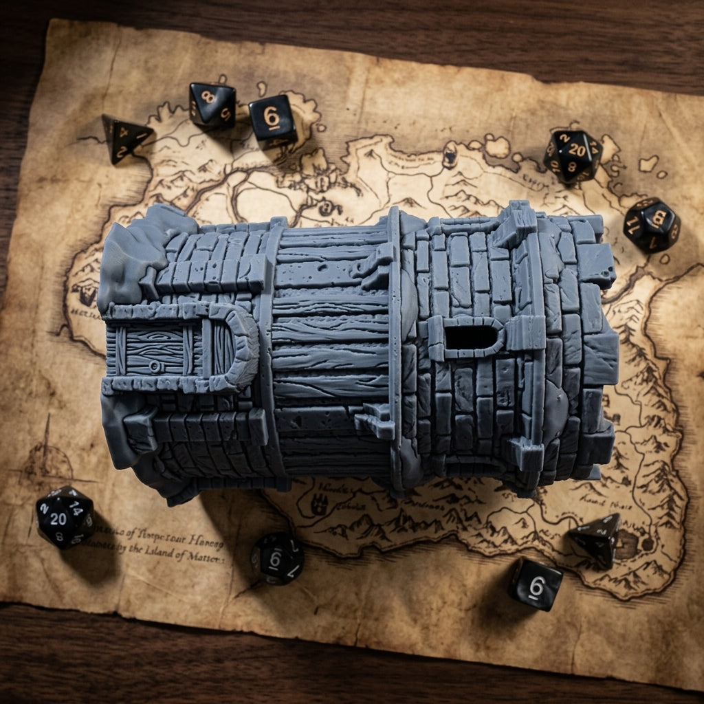 Stone watchtower terrain segment on a treasure map with dice
