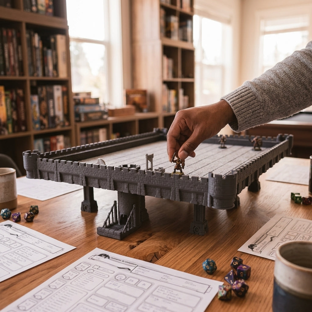 Hand placing a miniature on the StageTop Stronghold gaming table platform