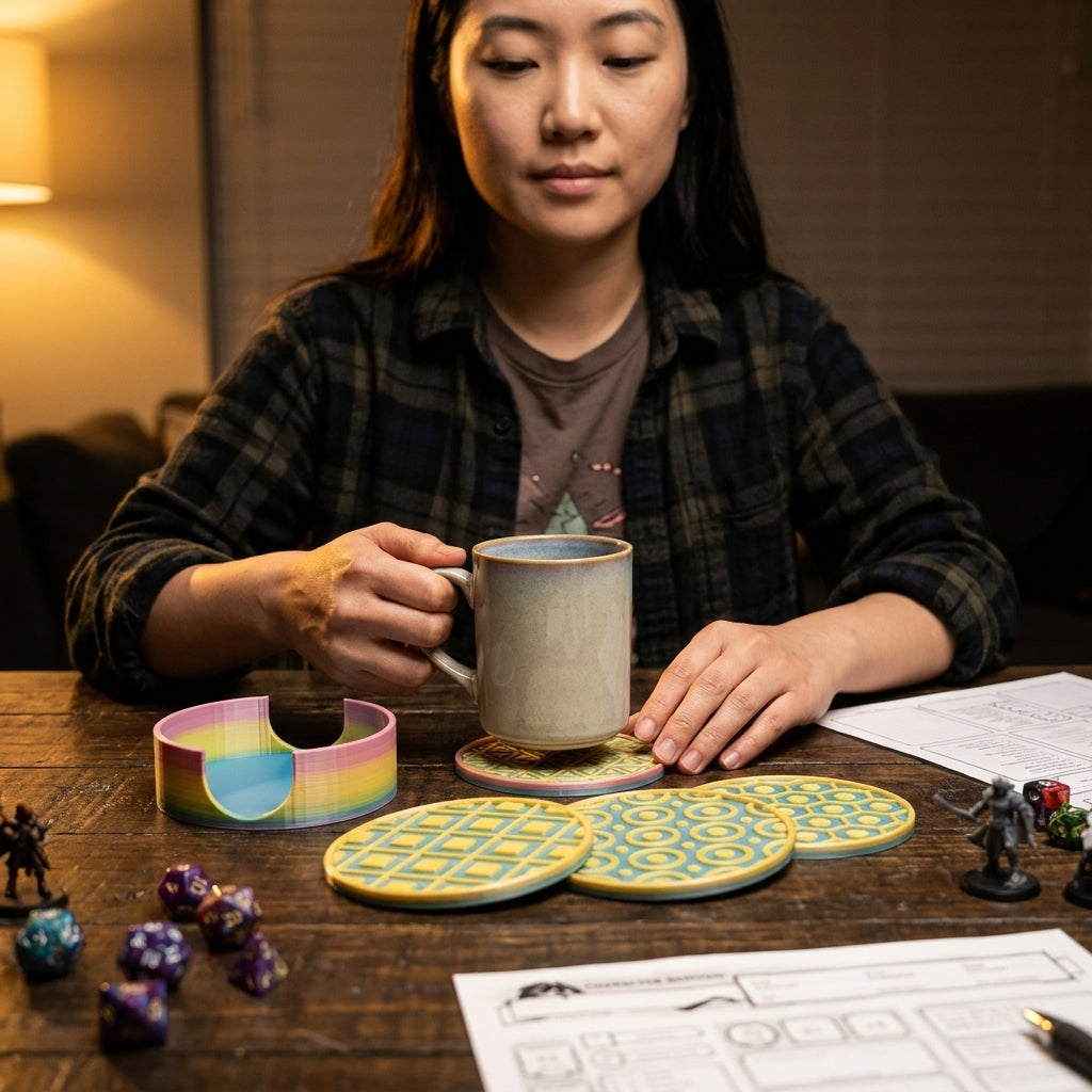 Woman holding a mug on an RPG-themed coaster