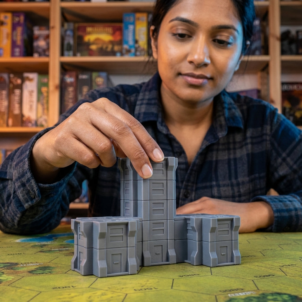 Modular sci-fi building blocks on a hex map next to a notebook