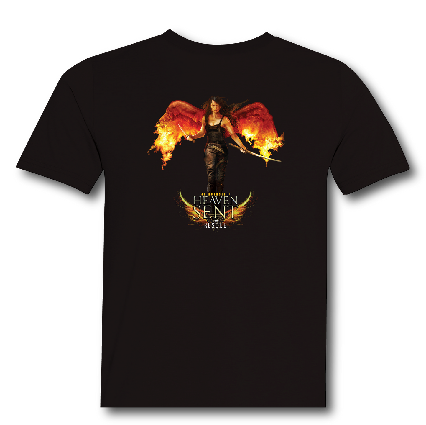 Heaven Sent Rescue T-Shirt back, winged warrior artwork