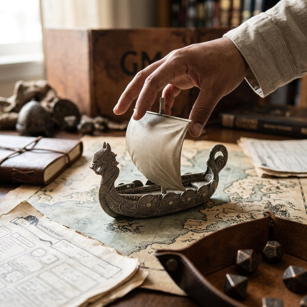 Viking longship miniature being placed on a dungeon map