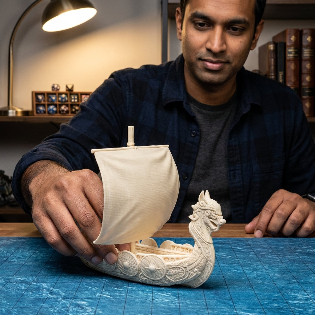 Man picking up the Viking longship miniature at his desk