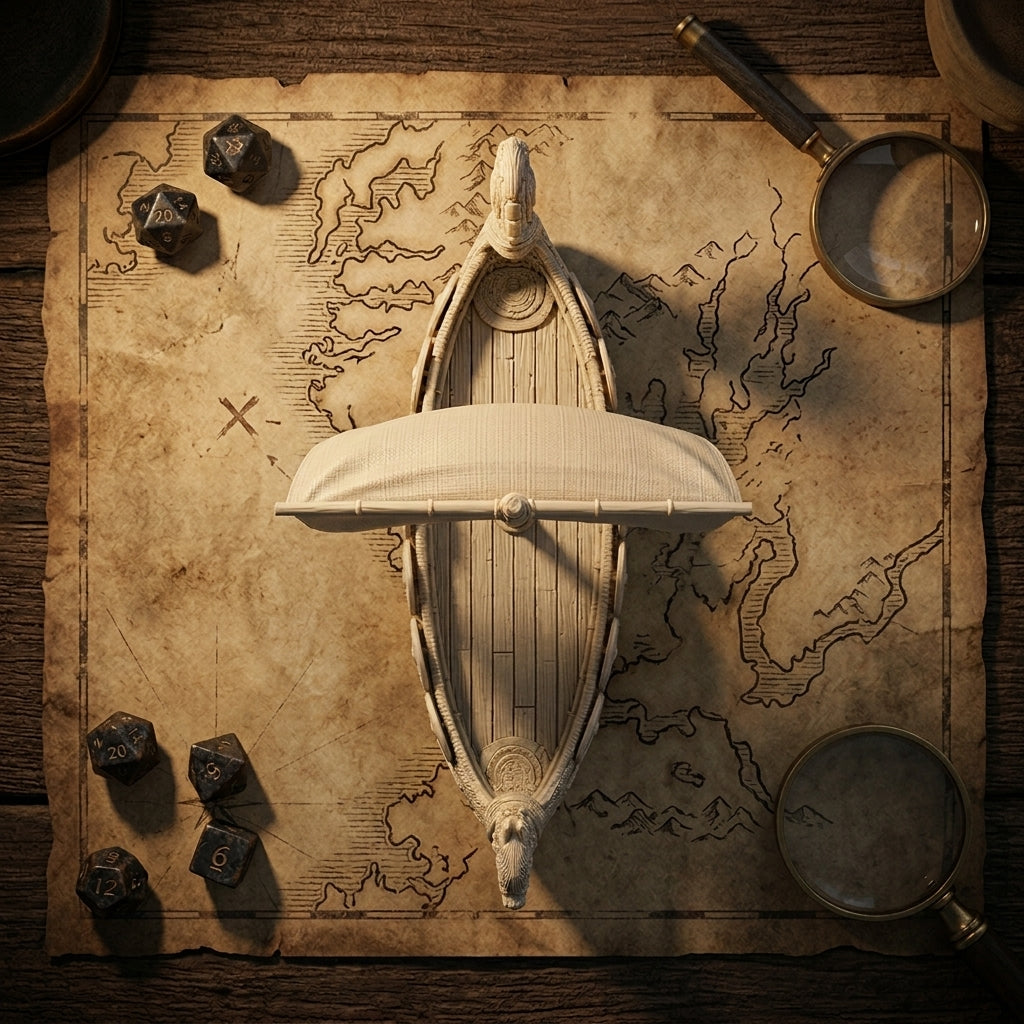 Overhead view of the Viking longship miniature on a map with dice
