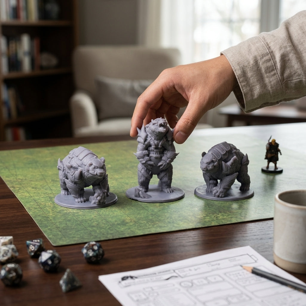 Hand reaching for an armored bear miniature on a battle mat