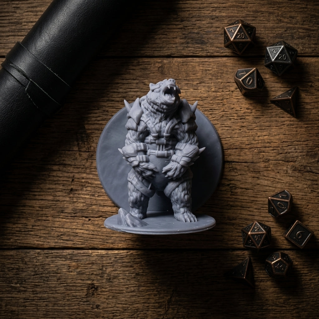 Closeup of an armored bear miniature with dice on a wood table