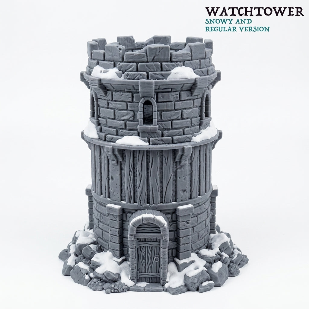 Stone watchtower terrain, snowy and regular versions, on a white background