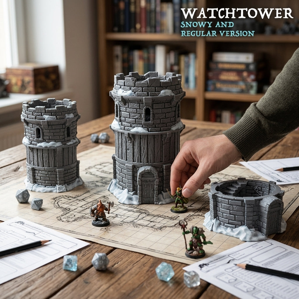 Group of stone watchtowers on a dungeon map with miniatures