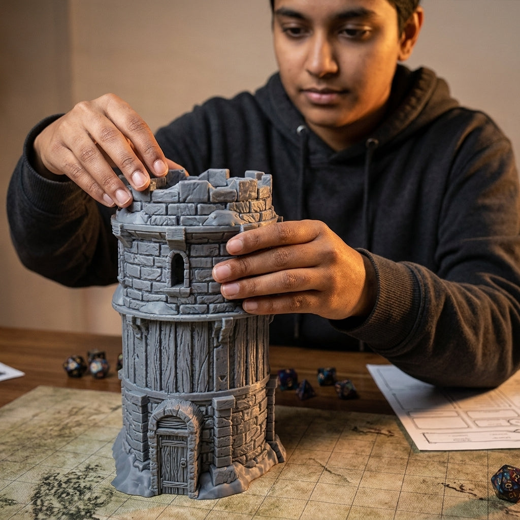 Hand placing a miniature on top of a stone watchtower
