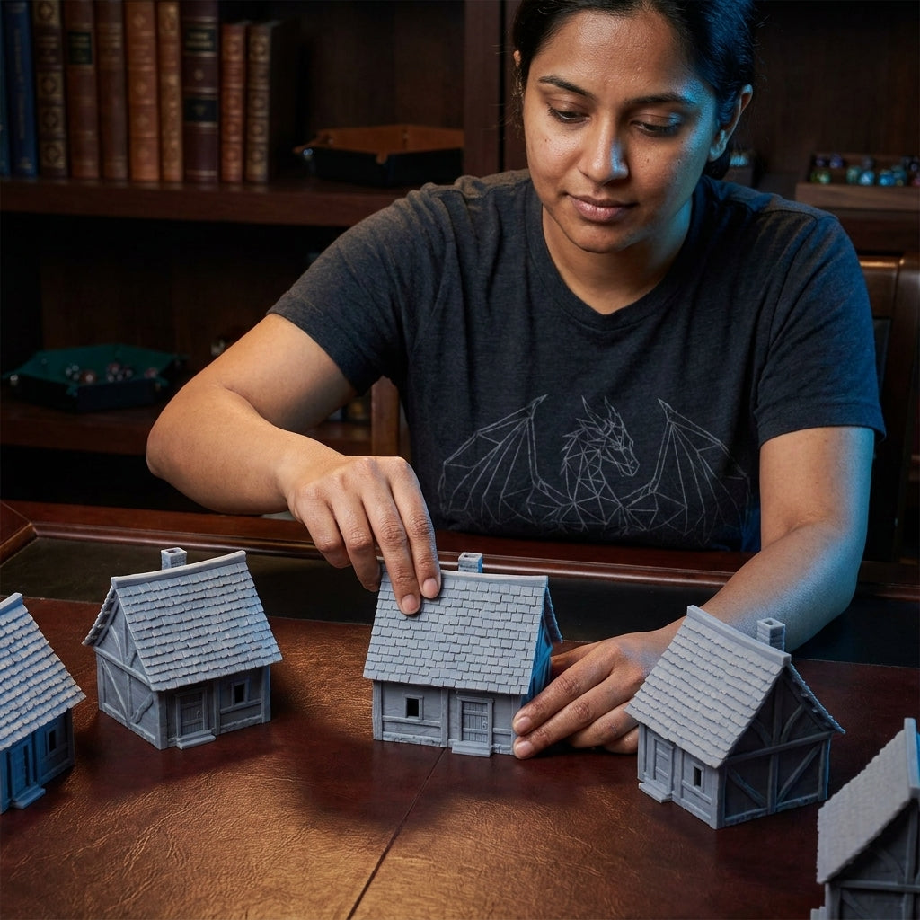 Woman placing a cottage among the 5-building stone village playset