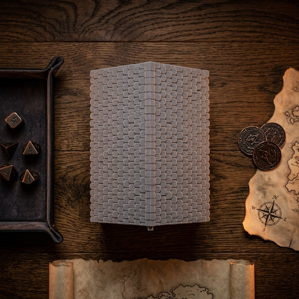 Overhead view of the stone building playset's shingled roof with coins and a treasure map