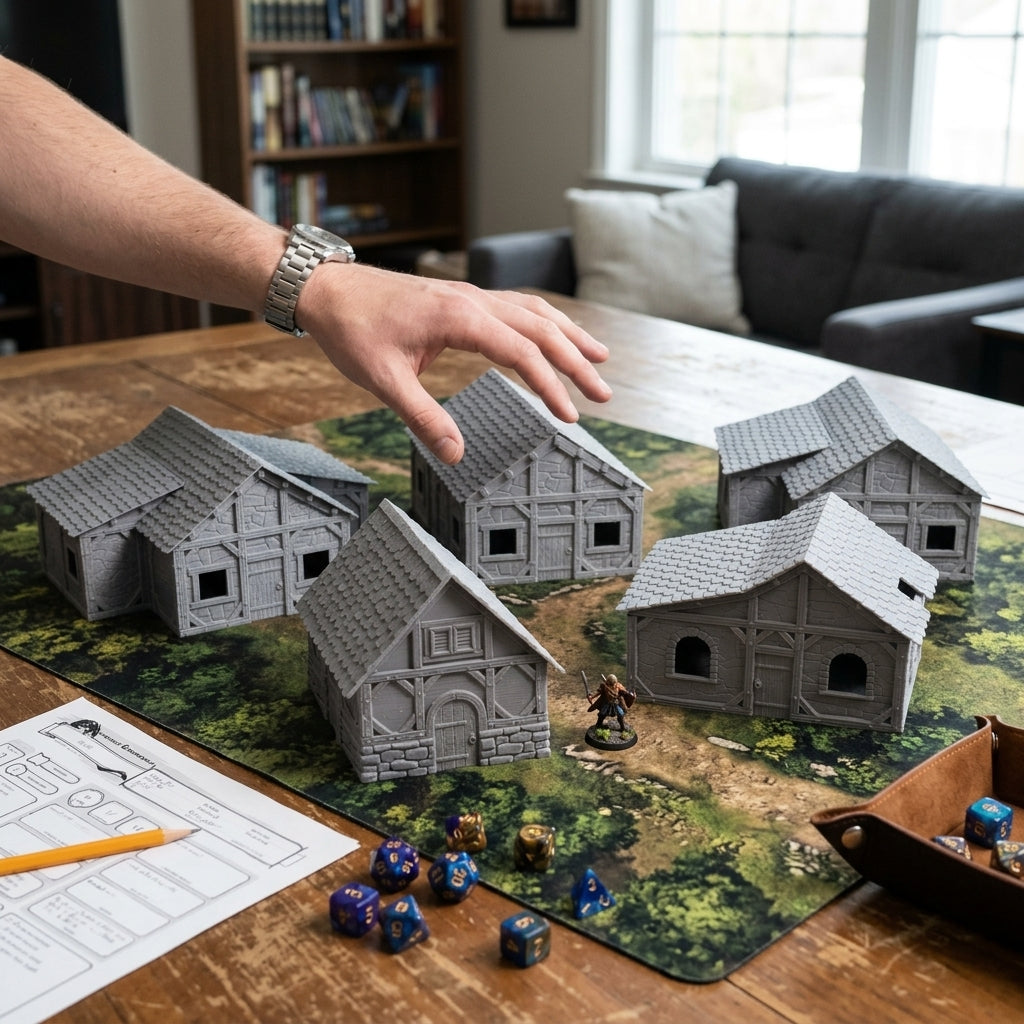 Hand reaching over the 5-building stone village playset on a grass mat