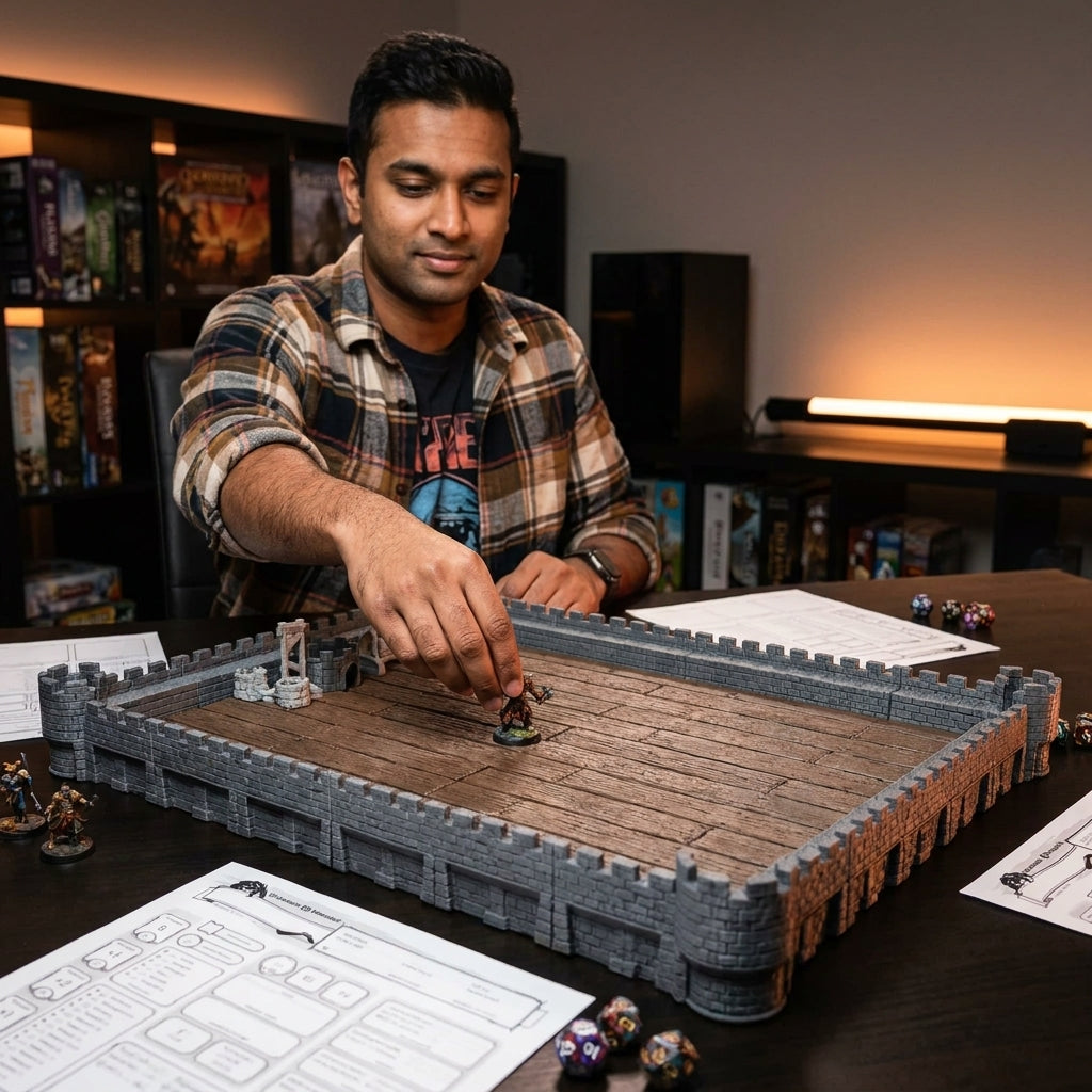 Man placing a miniature on the StageTop Stronghold gaming table platform