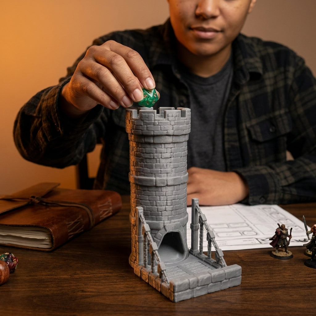 Woman dropping a green die into a castle-style dice tower
