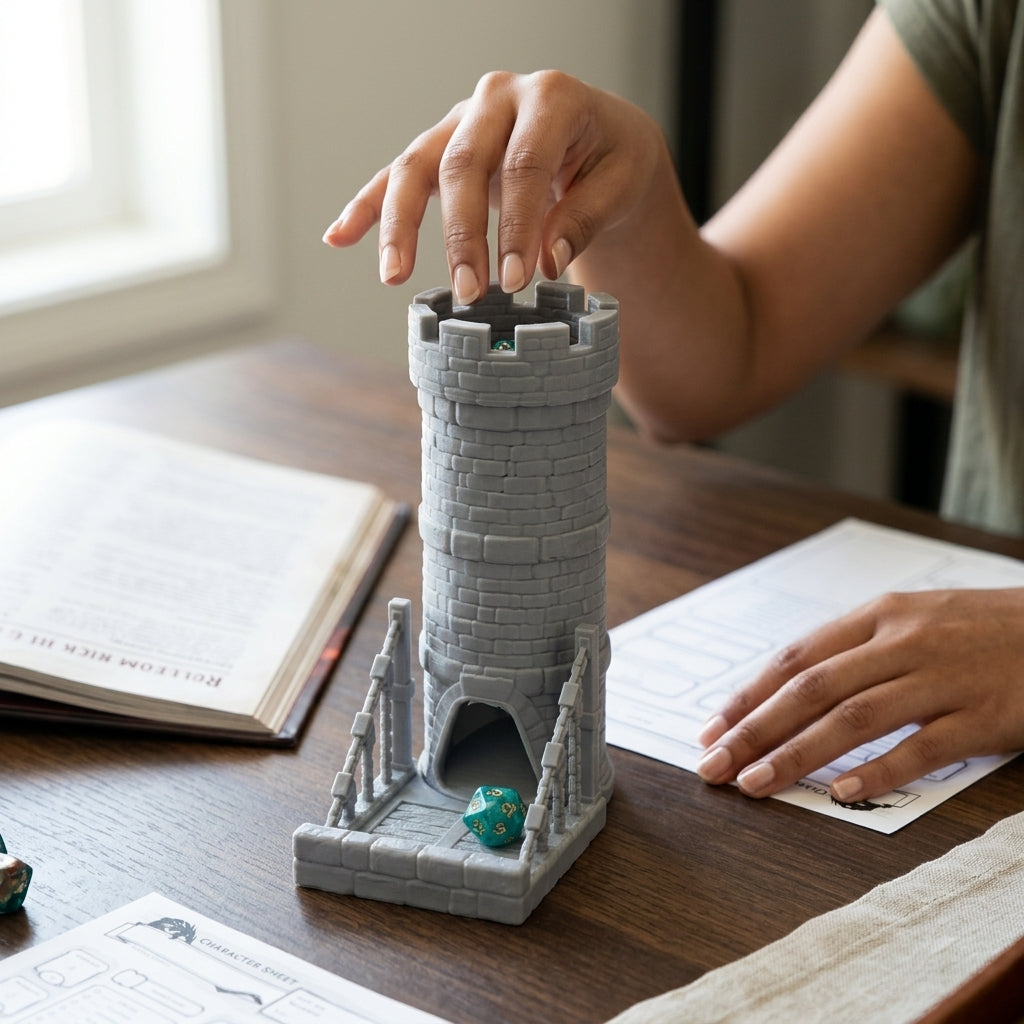 Hand dropping a teal die into a castle-style dice tower next to an open book