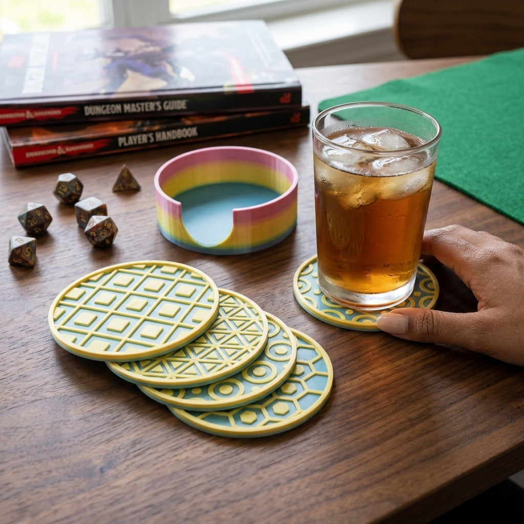 RPG-themed coaster set with dice, drink, and D&D books