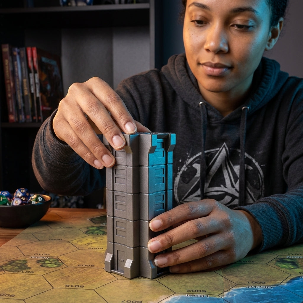 Woman placing modular sci-fi building blocks on a hex map