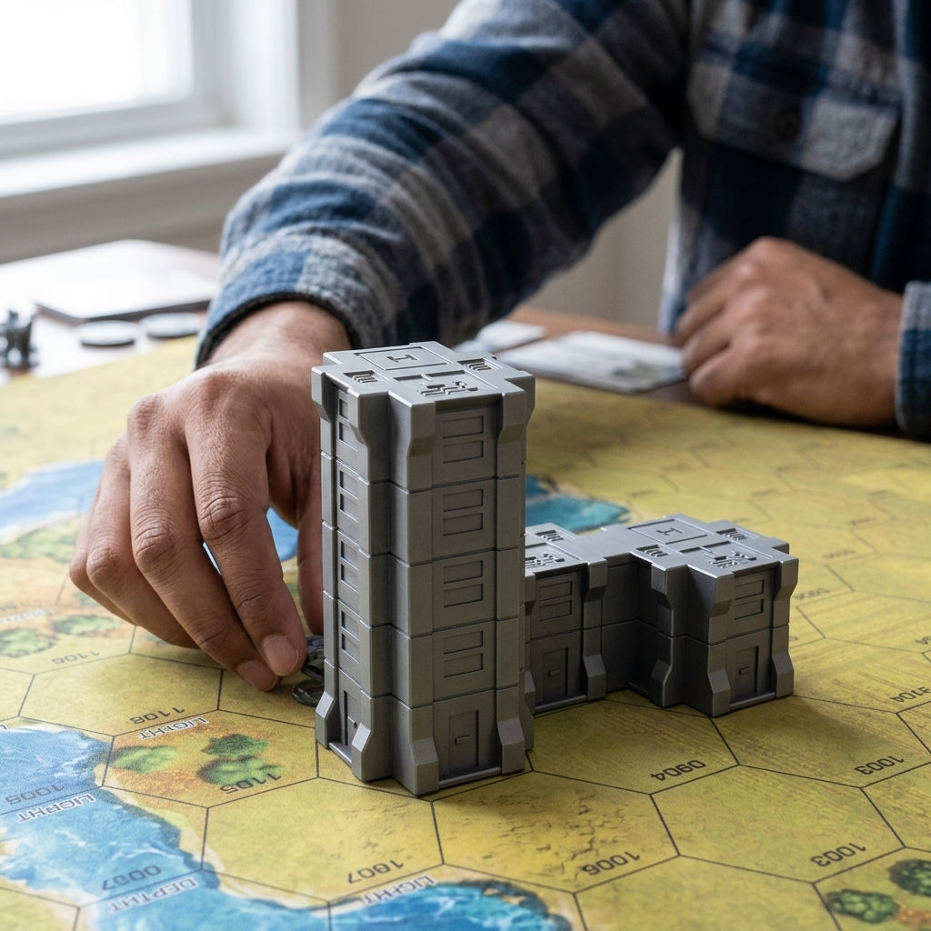 Hand placing modular sci-fi building blocks on a hex map