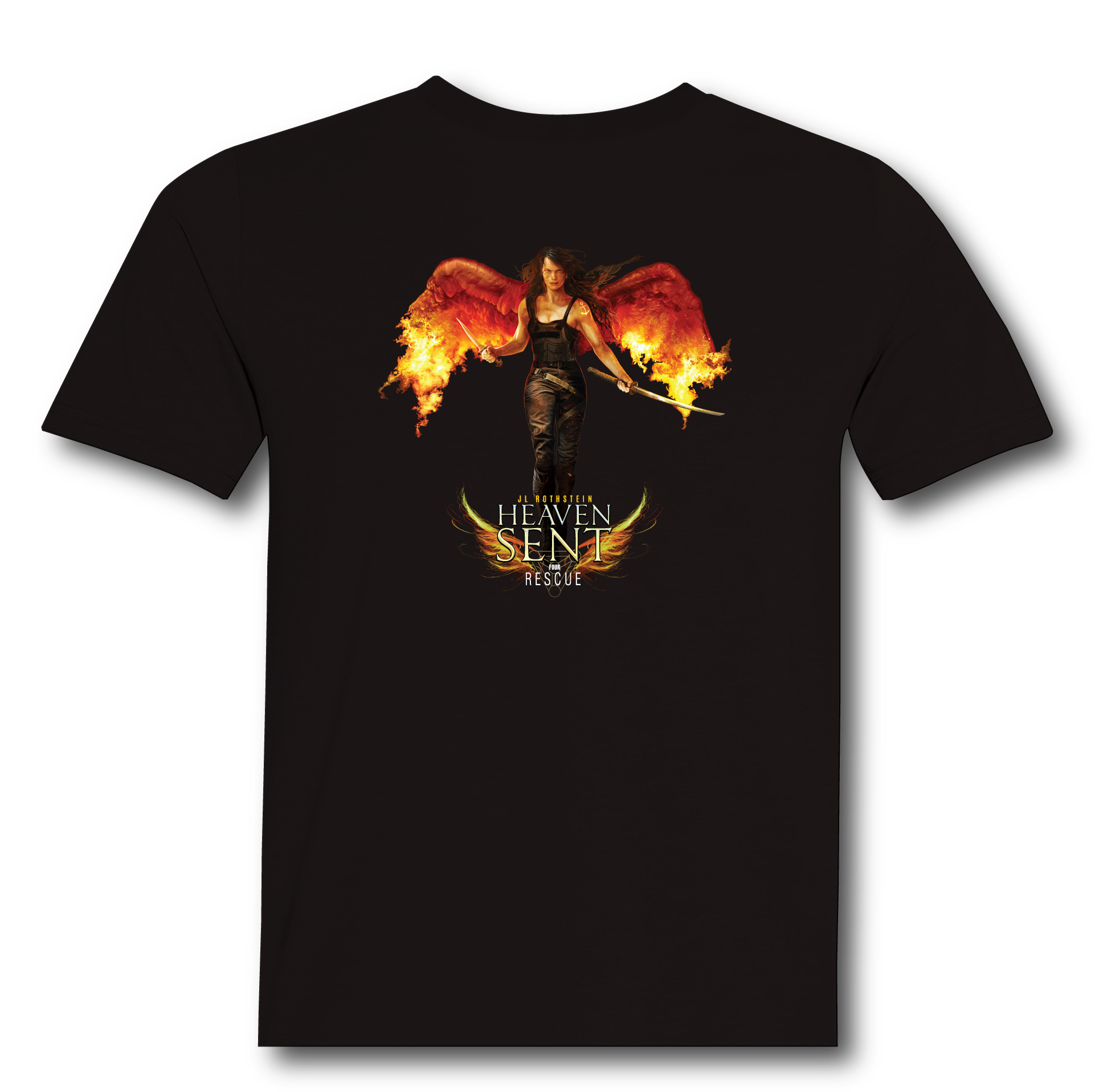 Heaven Sent Rescue T-Shirt back, winged warrior artwork