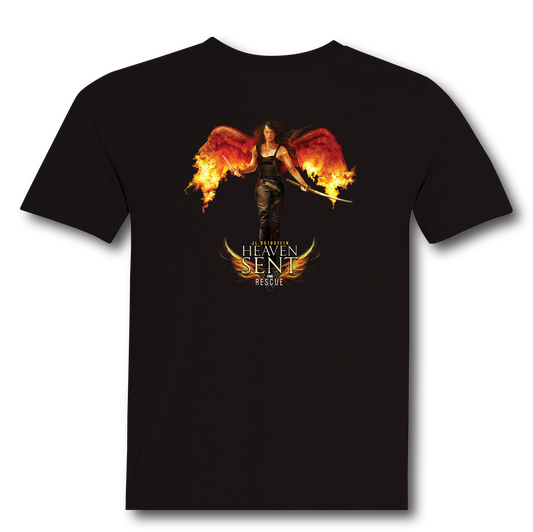 Heaven Sent Rescue T-Shirt back, winged warrior artwork
