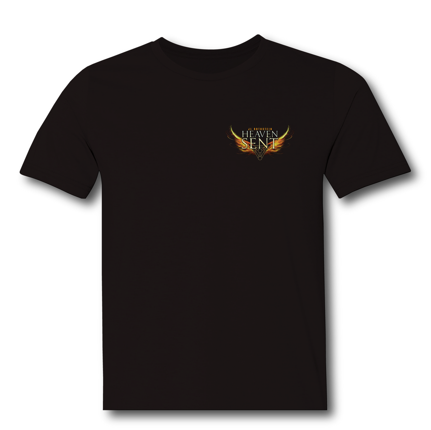 Heaven Sent Rescue T-Shirt front, black tee with small wings logo on chest